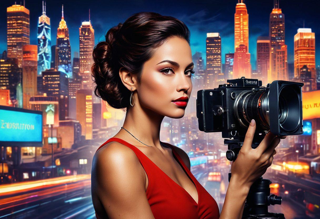 A powerful and confident woman representing the evolution of empowerment, showcasing her journey from past to present. The background features a blend of industry elements like cameras, lights, and film reels, symbolizing the adult industry, transitioning to motifs of strength and independence like city skylines and abstract art. Incorporate warm and bold colors to reflect transformation and empowerment. super-realistic. vibrant colors. cinematic.